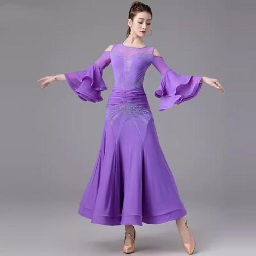 Lavender blue competition ballroom dance dresses for women girls hollow shoulder flare sleeves waltz tango rhythm performance costumes for female